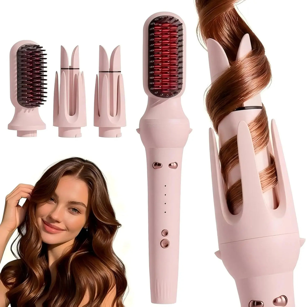 Fer à friser automatique 3 en 1 avec bigoudis et brosse à lisser de 32/36 mm – rose