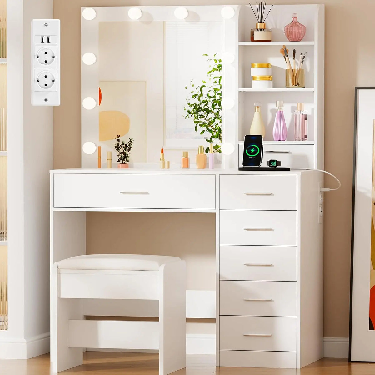 BEWISHOME Coiffeuse avec HD Miroir,10 Globes LED et Tabouret – blanc