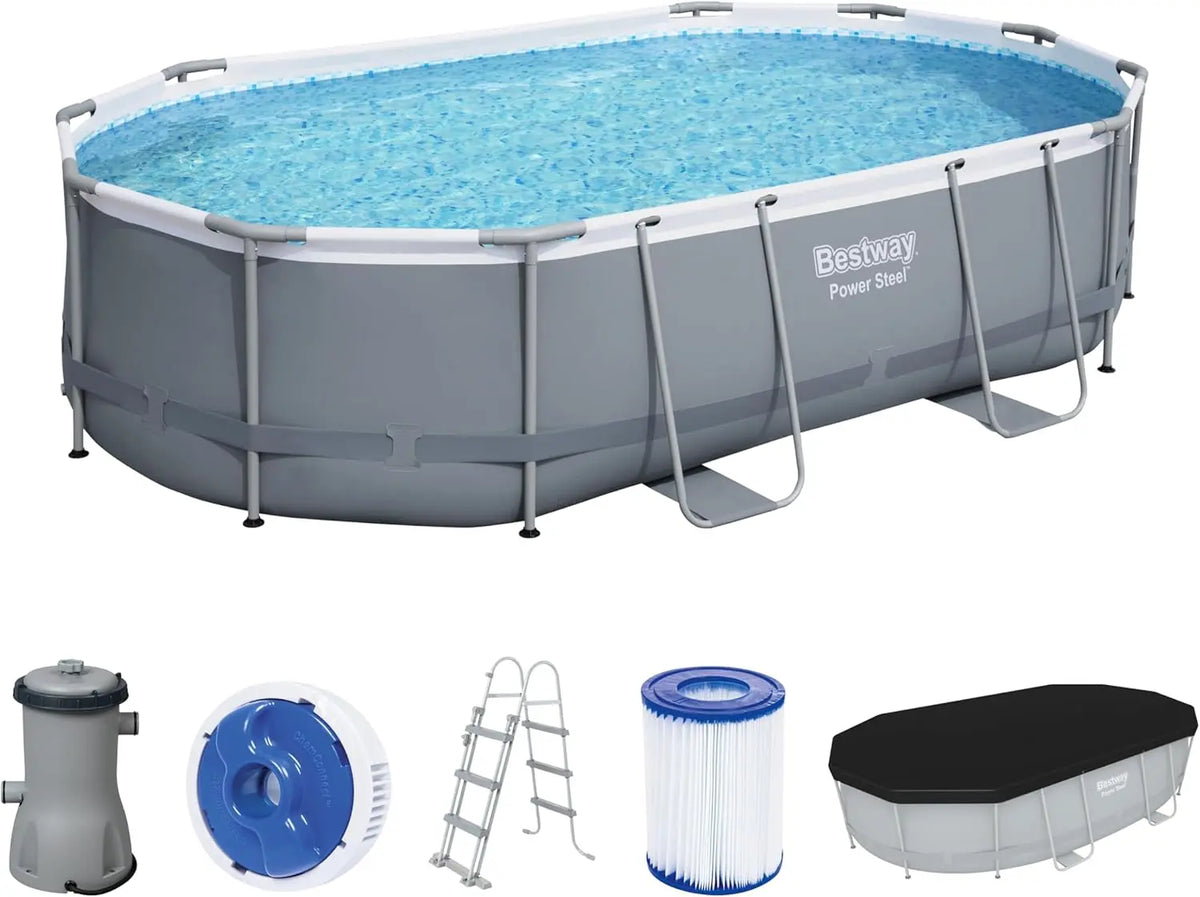 Bestway Ensemble de piscine Power Steel Ovale 488x305x107 cm – 3,029 l/h, gris/bleu