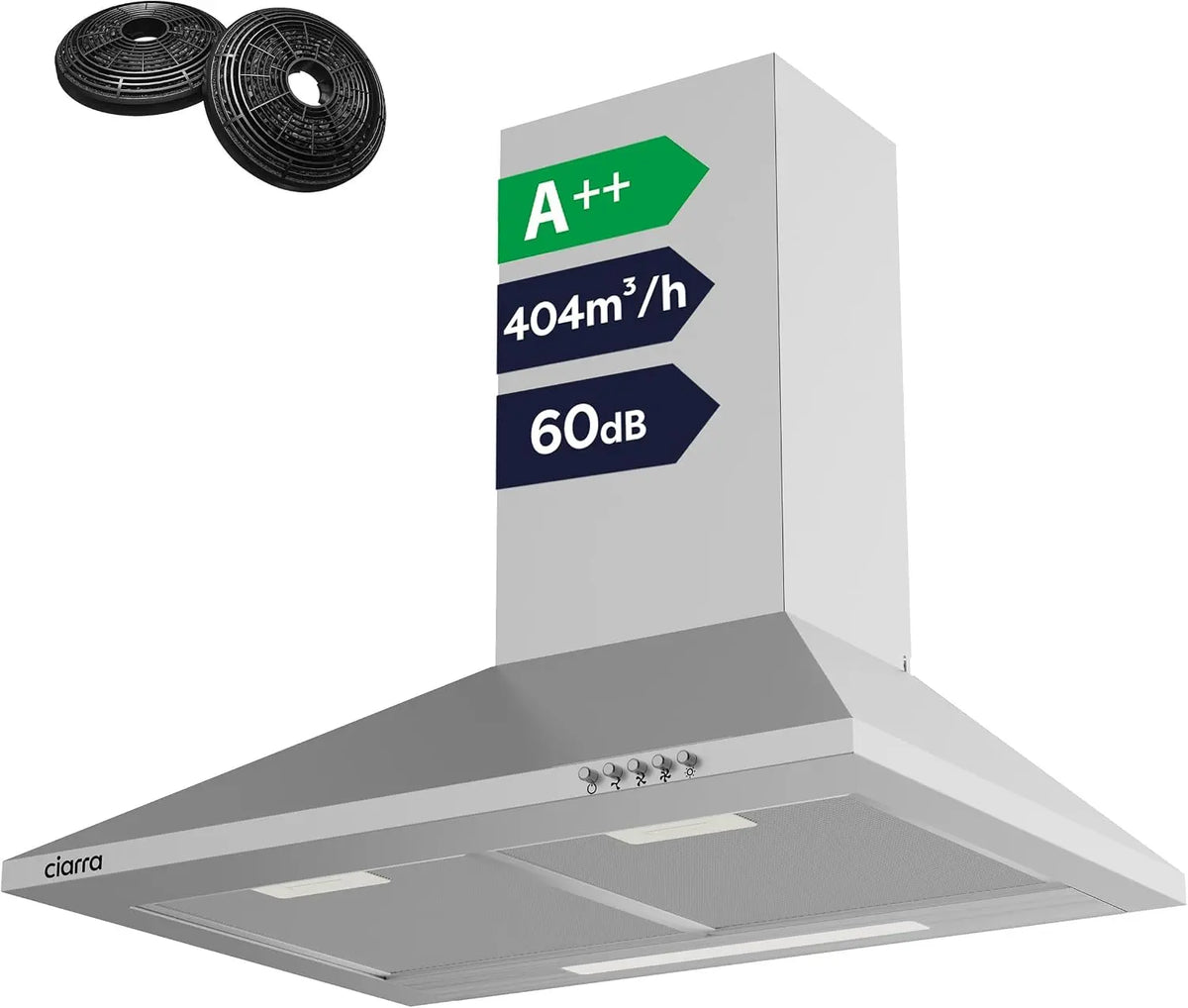 CIARRA CBCS6201 Hotte Aspirante 60 cm Classe A++ Murale Inox – 404 m³/h / 350 m³/h, argenté