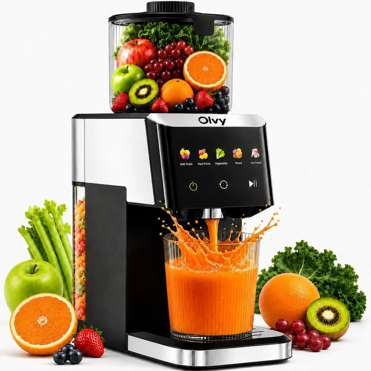 Olvy Extracteur de Jus Pression a Froid Slow Juicer – noir/orange/gris