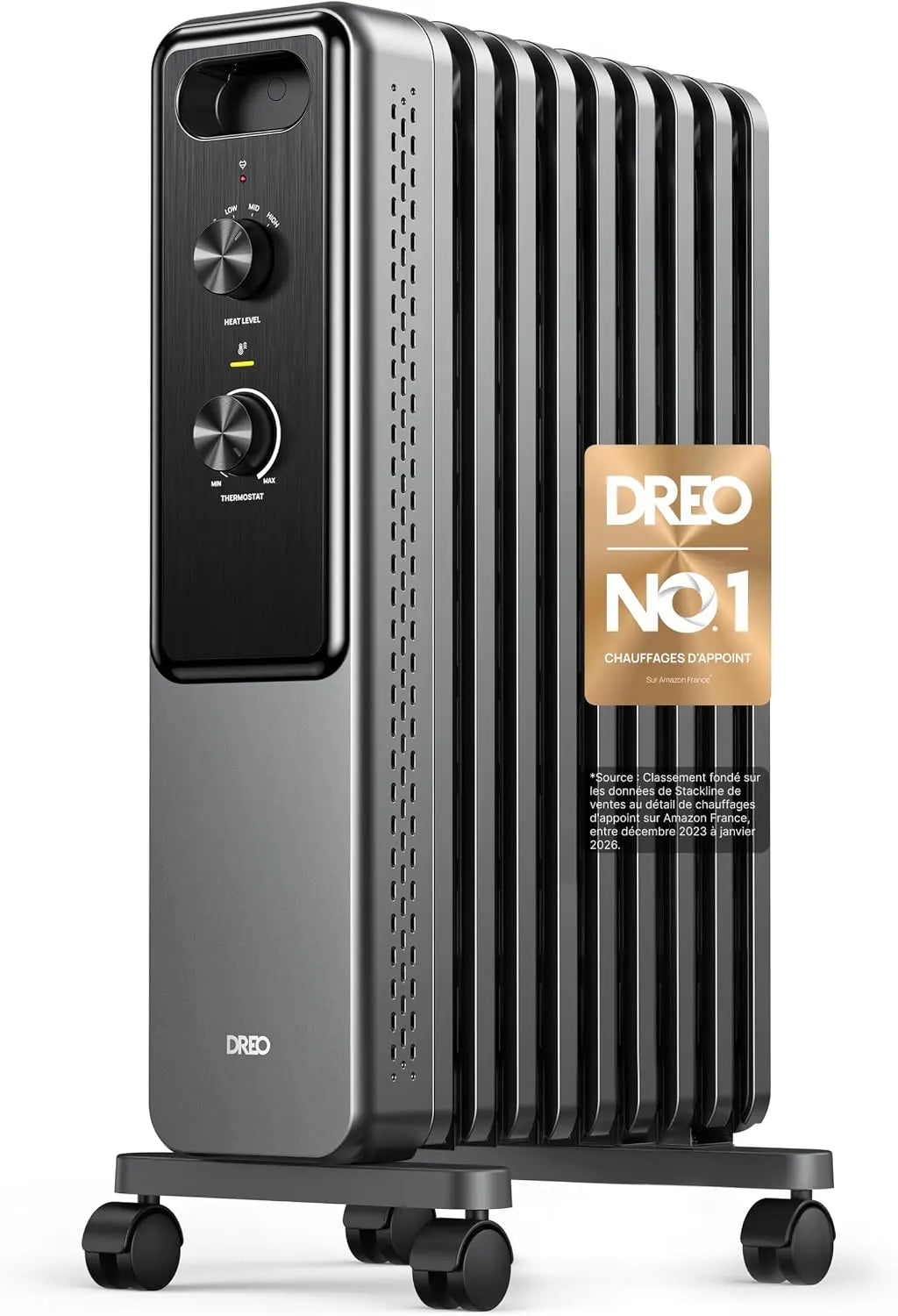 Dreo Radiateur à huile 2000W avec 9 ailettes – gris/noir