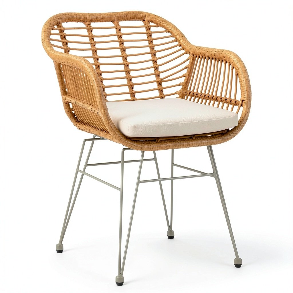 Chaise de jardin, avec coussin, en métal et résine tressée, coloris blanc et beige, pour la terrasse ou le jardin