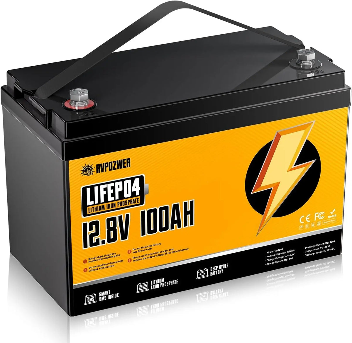 Batterie LiFePO4 12V 100Ah – 1280 Wh, gris/noir/orange