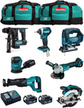 MAKITA Kit MK704 DHR171 + DGA504 + DTD154 + DJR186 + DJV182 + DSS610 + DBO180 + 2 Batteries de 5,0 Ah + – gris/noir/bleu