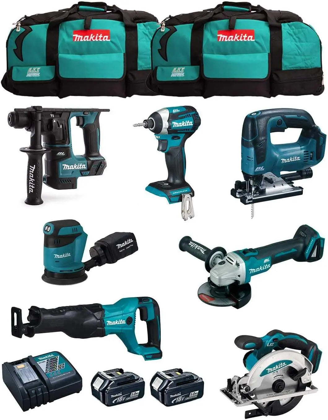 MAKITA Kit MK704 DHR171 + DGA504 + DTD154 + DJR186 + DJV182 + DSS610 + DBO180 + 2 Batteries de 5,0 Ah + – gris/noir/bleu