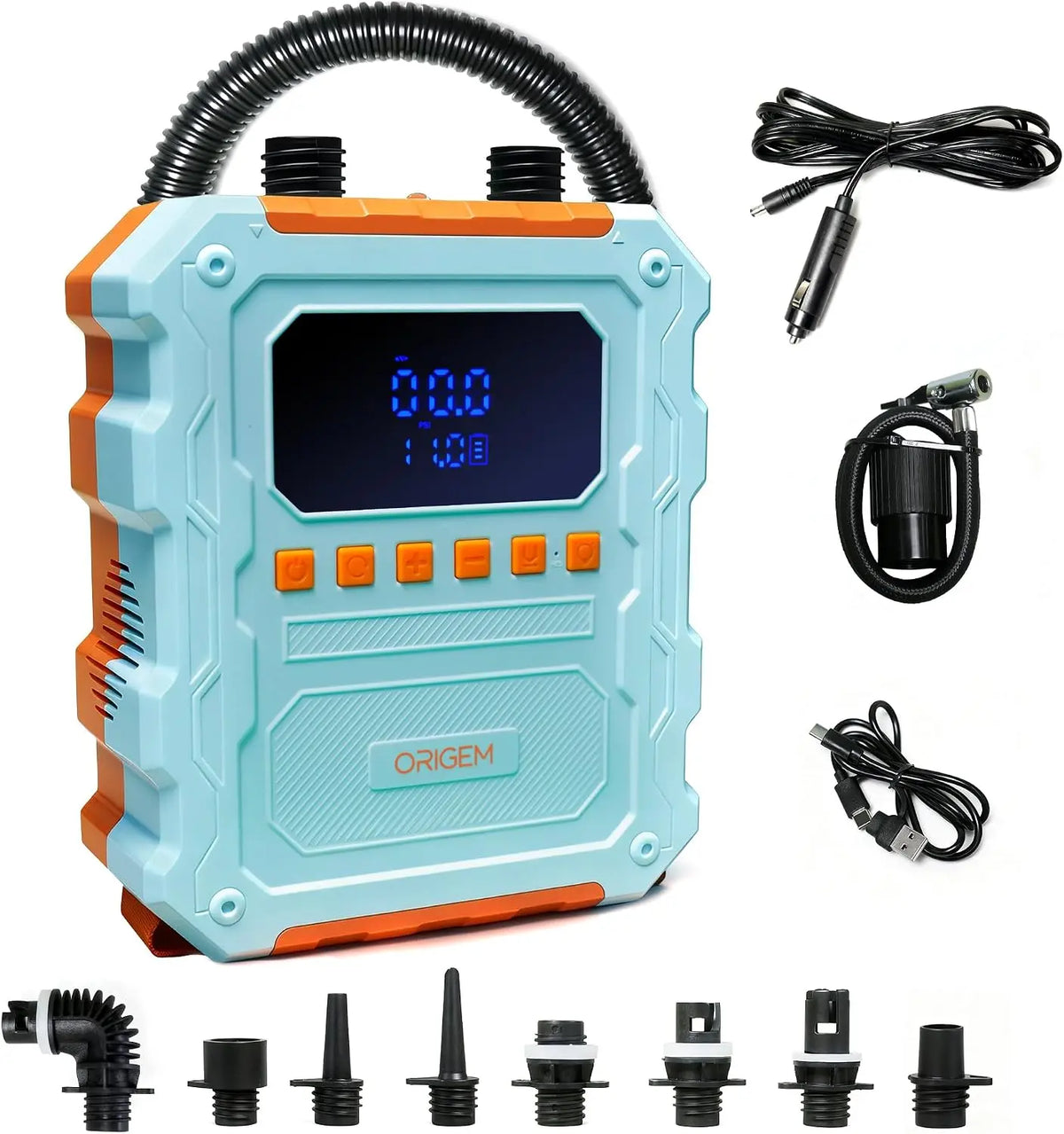 Origem Gonfleur Paddle Électrique 60 PSI Rechargeable – 30 W, 400 L/min / 100 L/min, 20800 mAh, 74 Wh, bleu/gris/noir