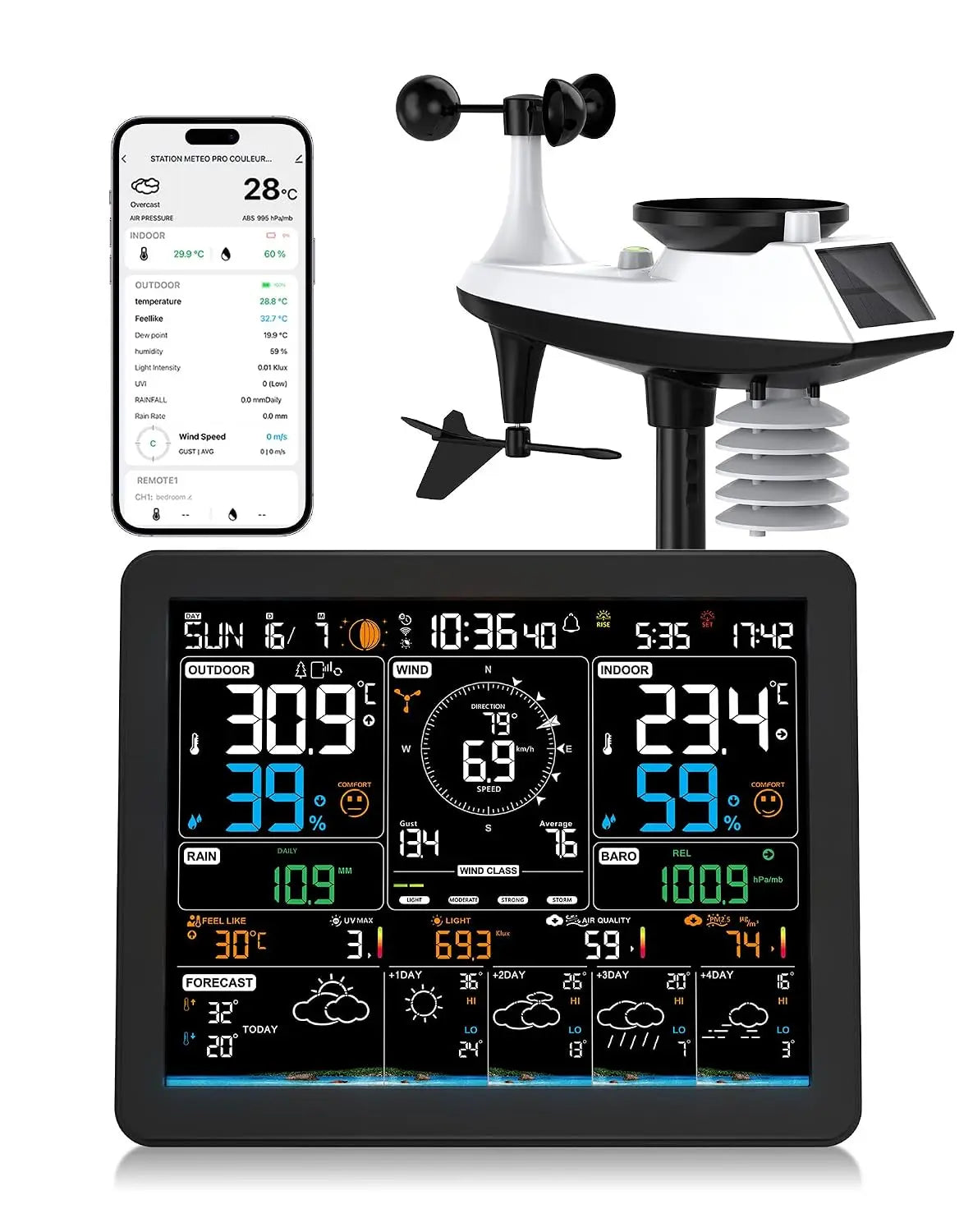 Station Meteo Interieur Exterieur Sans Fil WiFi 11-en-1 avec App – 2,4 GHz, noir/gris