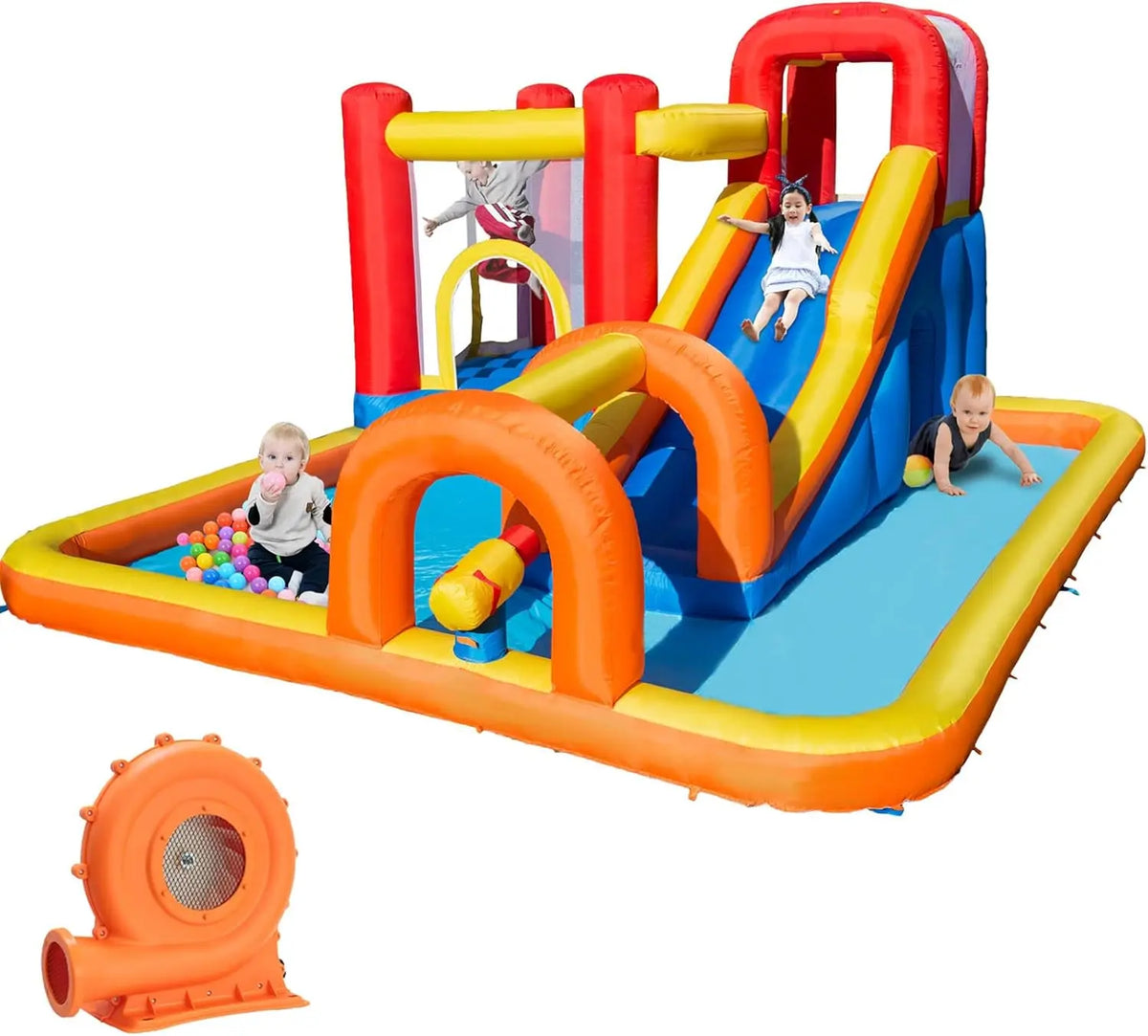 Baralir Château Gonflable avec Ventilateur – 400 x320 x200 cm, orange/bleu