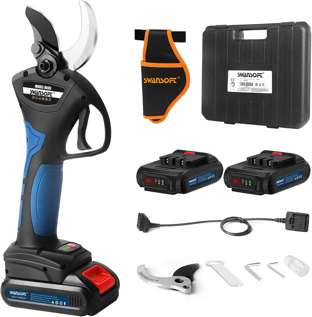 SWANSOFT 8605 Secateur Electrique Sans Fil outil de taille – 1050 W, 2 Ah / 2000 mAH, gris/noir