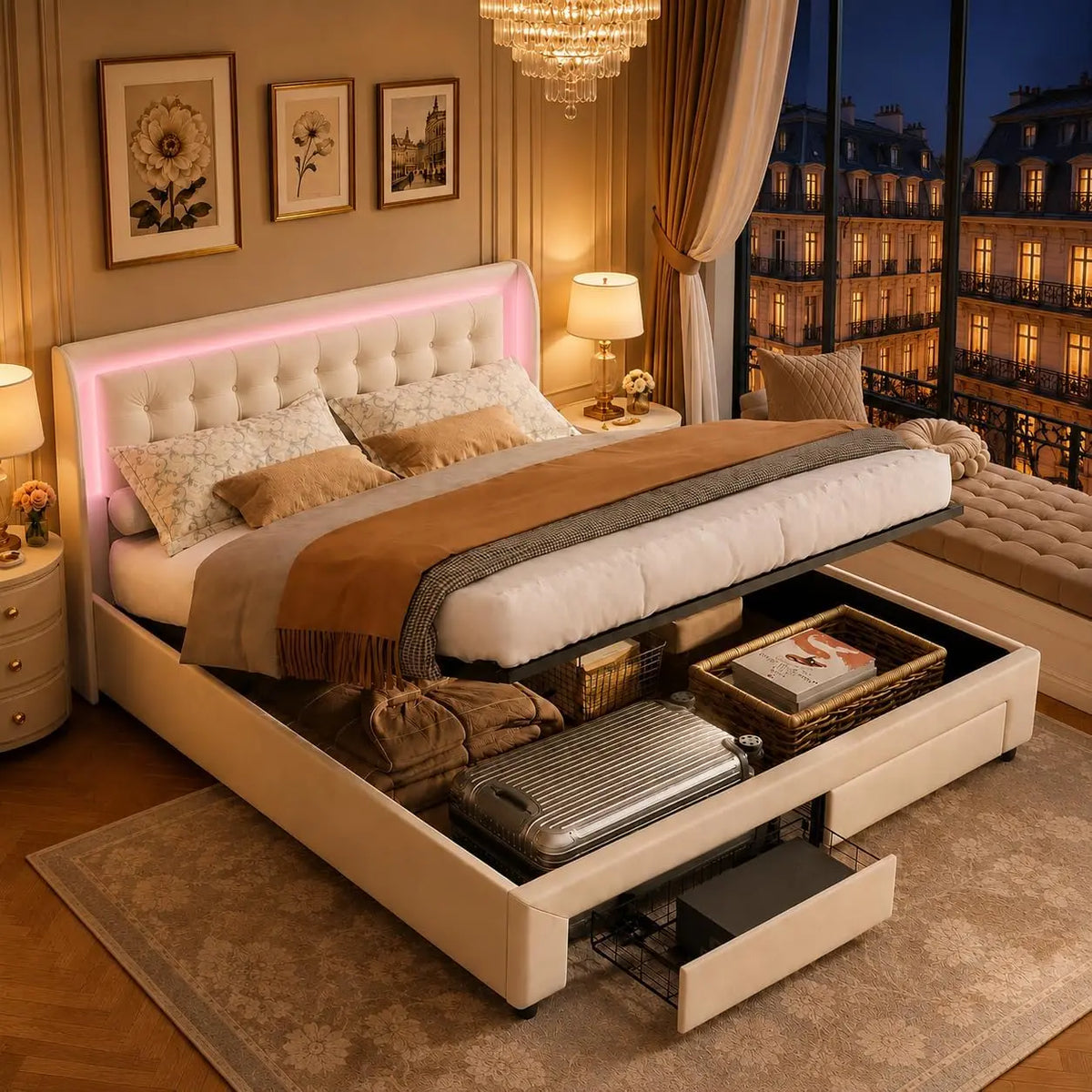 LIVLUX Lit Coffre 140 x 190 cm – orange/beige
