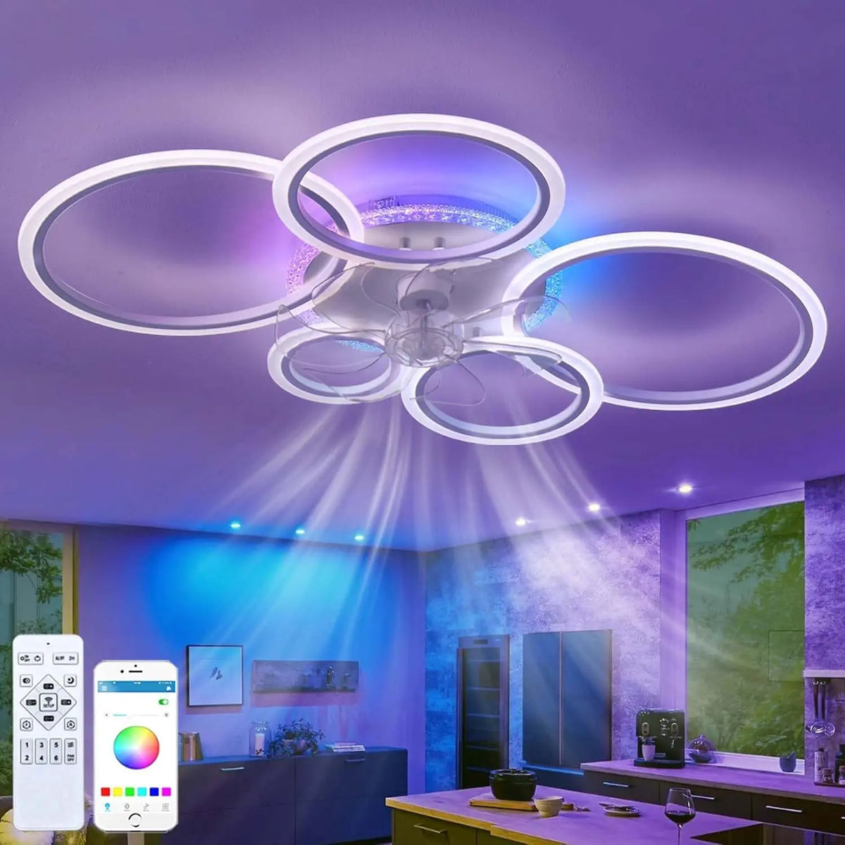 Ventilateur de plafond RVB avec éclairage LED à intensité variable Lampe silencieuse avec ventilateur – 15 W