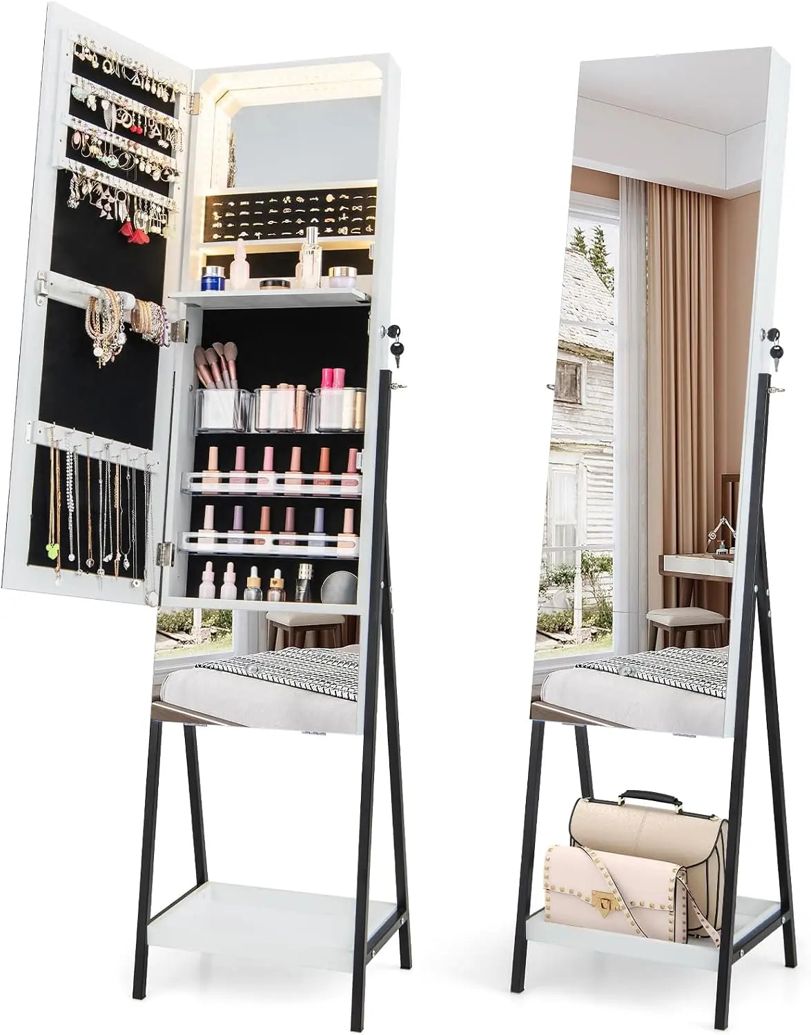 COSTWAY Armoire à Bijoux avec Miroir et Tiroir sur Pieds – blanc