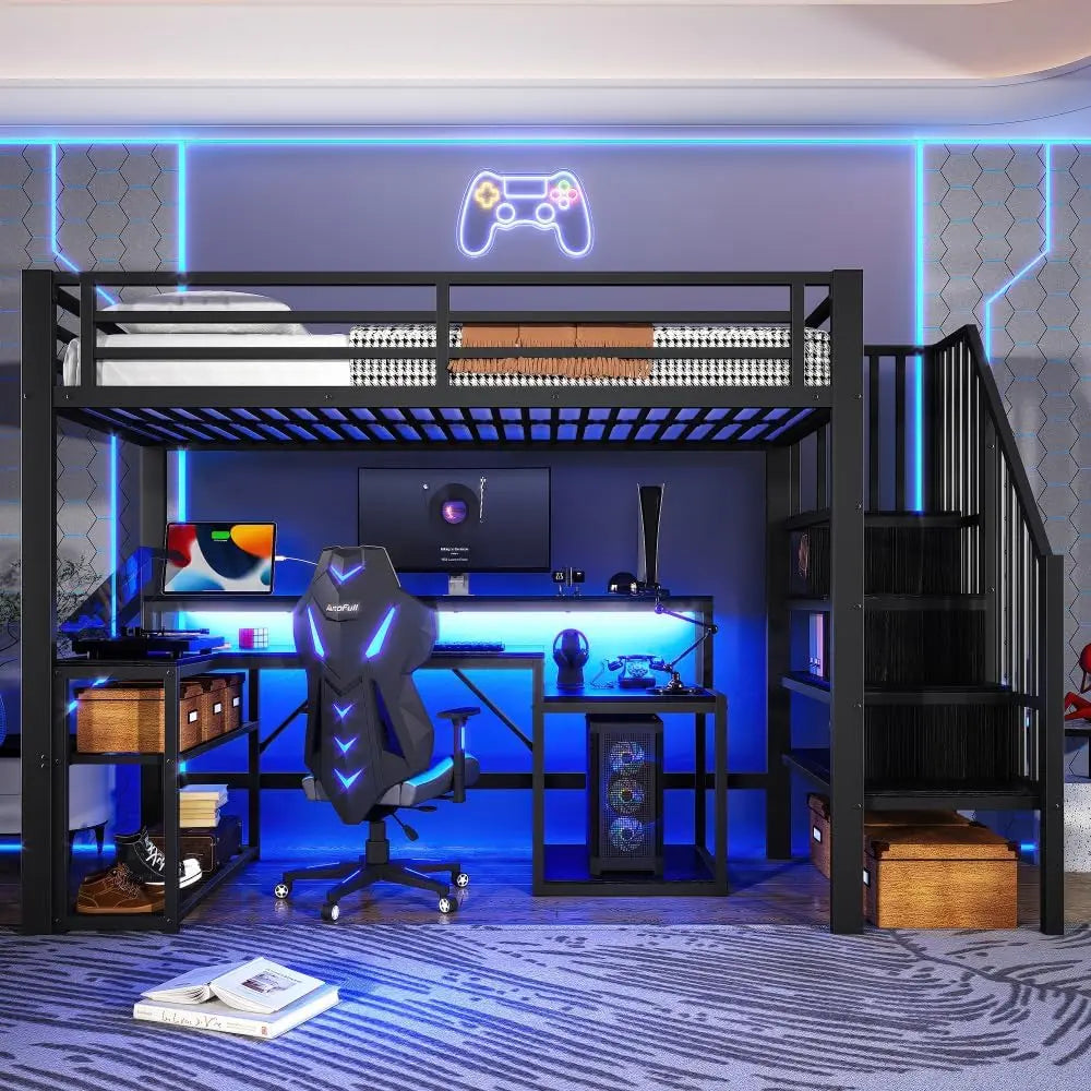 Lit Mezzanine 1 Place Enfant 90 x 200 cm avec éclairage LED et Port USB – noir