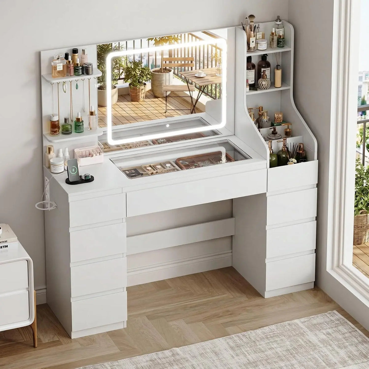 Coiffeuse 135 cm avec Miroir LED et Luminosité Réglable - Grande Table de Maquillage avec 9 Tiroirs – blanc