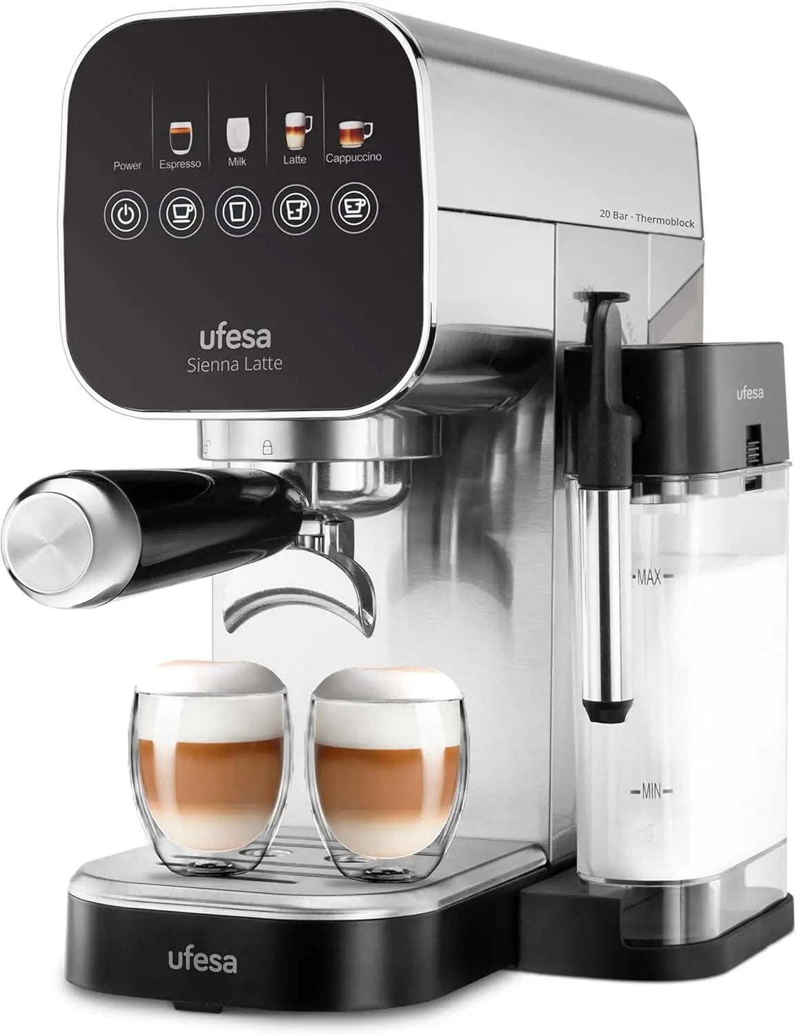 Ufesa Machine à Café Espresso Sienna Latte 20 Bars avec Écran Tactile – 1360 W, 400 ml / 0,9 L, gris/noir