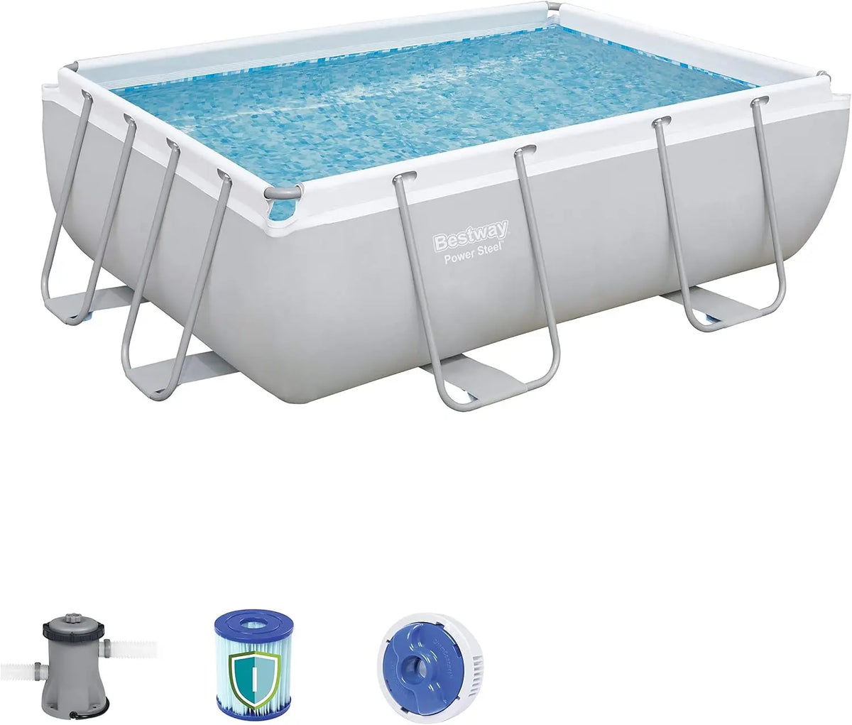 Bestway – Piscine rectangulaire avec cadre en acier et pompe de filtration 282 x 196 x 84 cm gris