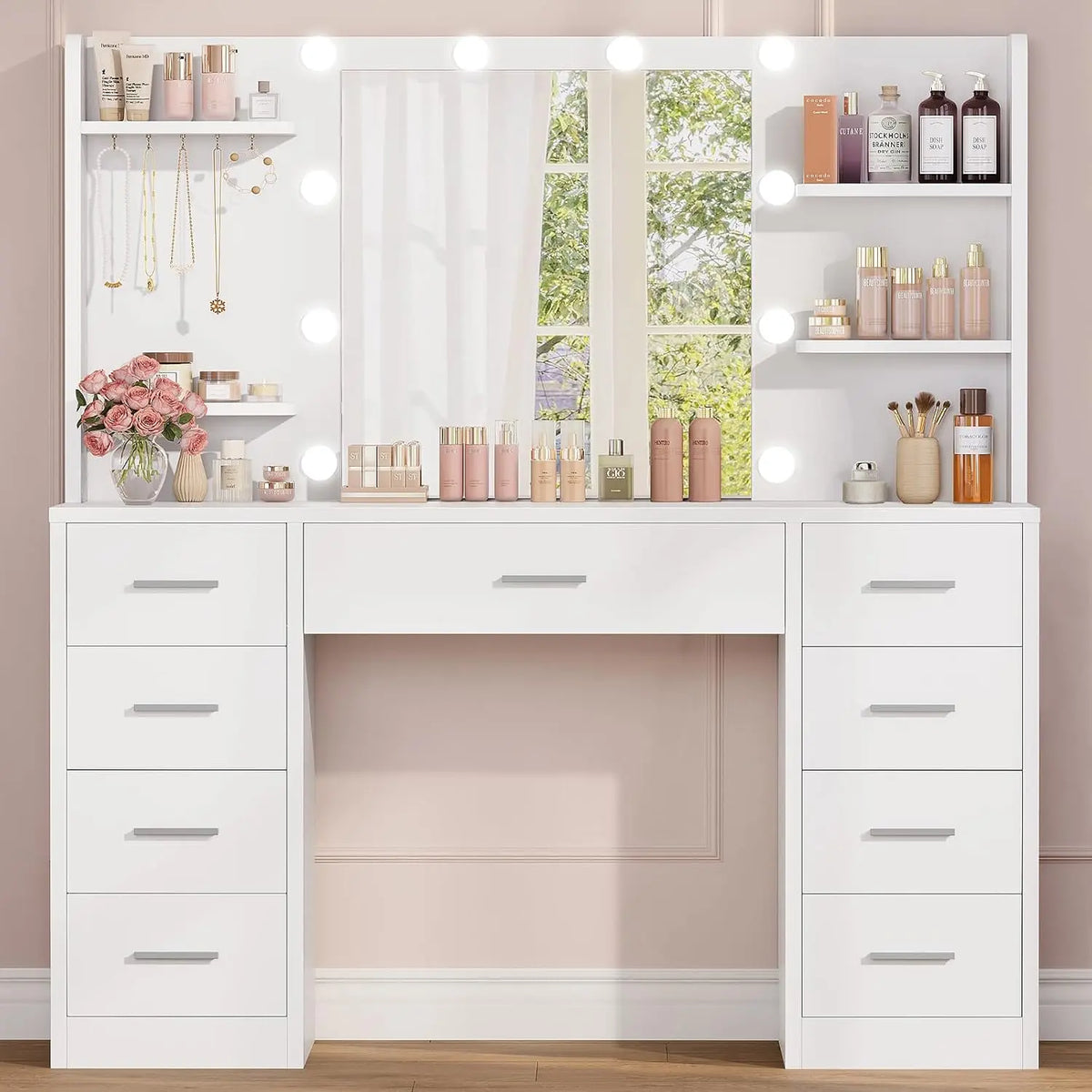 TEENFON Coiffeuse avec Miroir LED 3 Couleurs et Luminosité Réglable – blanc