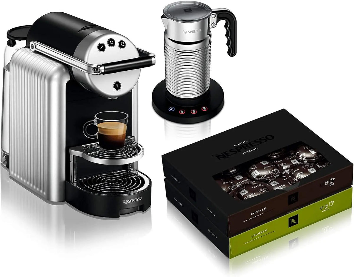 Nespresso Machine à café automatique Nespresso Professional Zenius avec Aeroccino4 mousseur à lait et 100 capsules – 25 ml / 40 ml, argenté