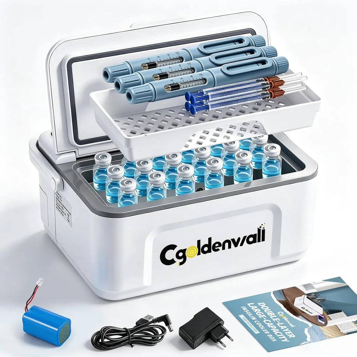 CGOLDENWALL Réfrigérateur Insuline portable 6H – 13600 mAh, gris/bleu