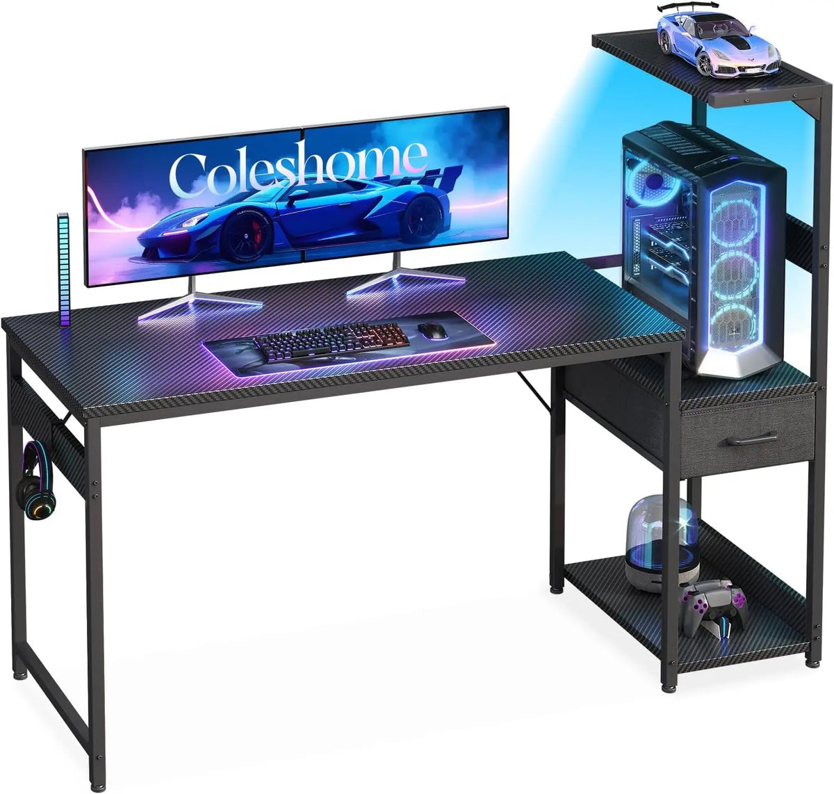 Coleshome Bureau pour le jeu avec Éclairage LED – 137 x48 cm, noir