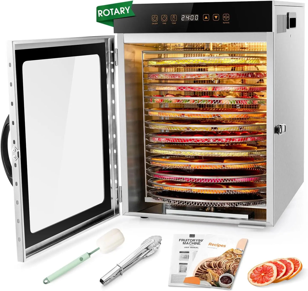 Kwasyo Deshydrateur Alimentaire avec 12 Rotatif Plateaux en Inox - Double ventilateur Séchage efficace – 1000 W, argenté