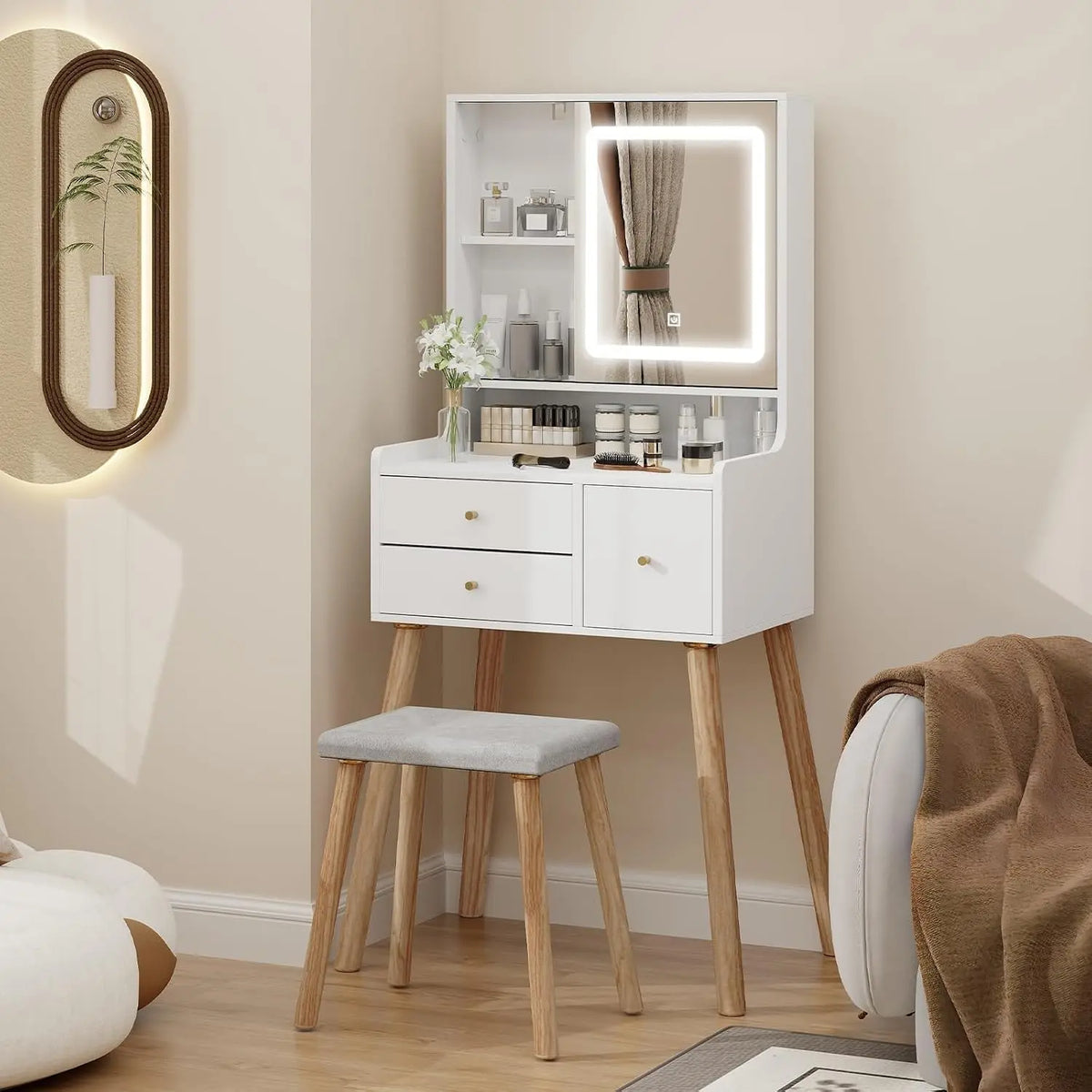 YU YUSING Coiffeuse Miroir Coulissant LED – gris/beige