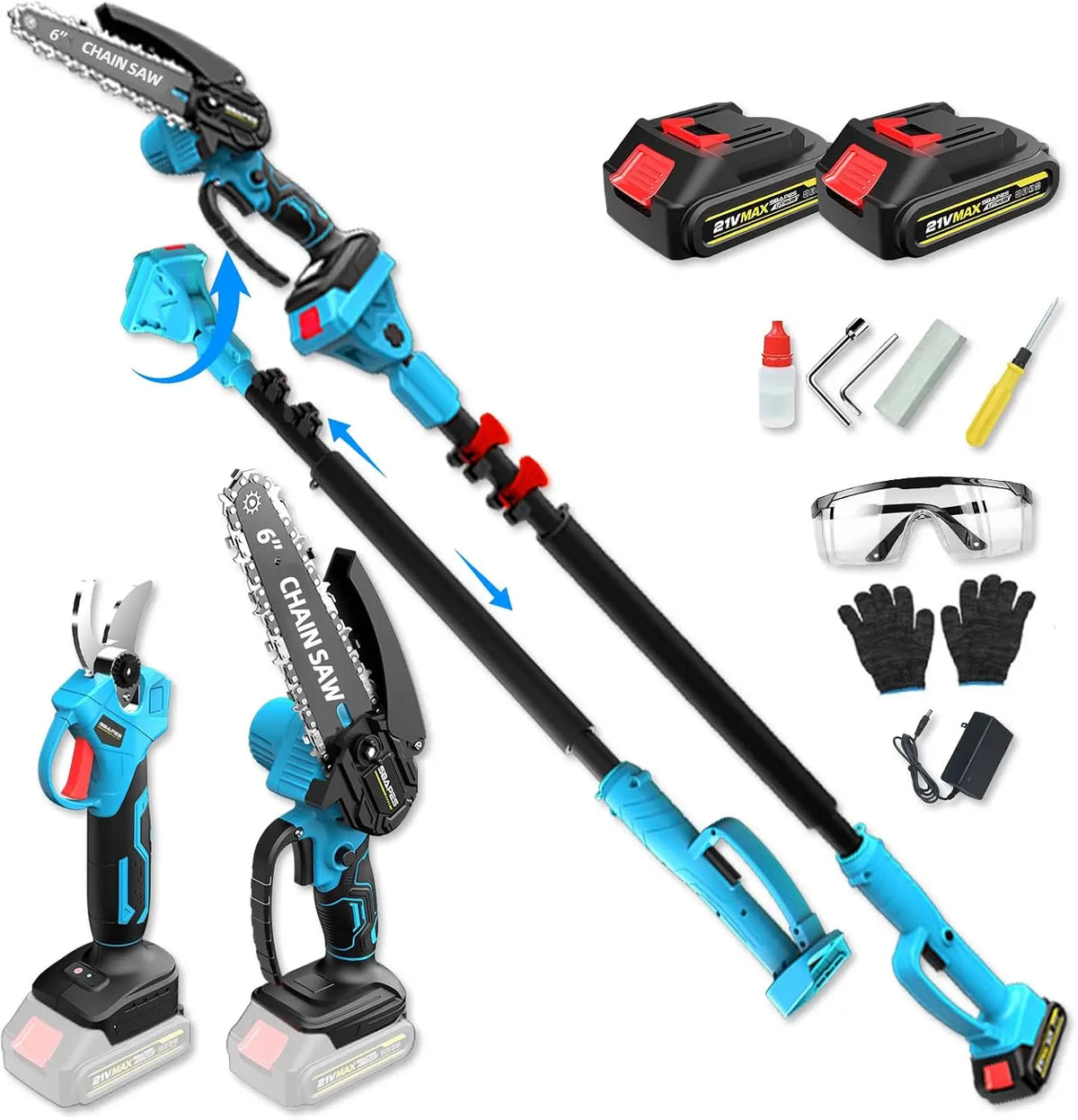 4 en 1 Tronçonneuse sur perche sans fil 15 cm 6″ Mini tronçonneuse avec télescopique 2,5 m + Sécateur – 2,0 Ah, gris/bleu/noir