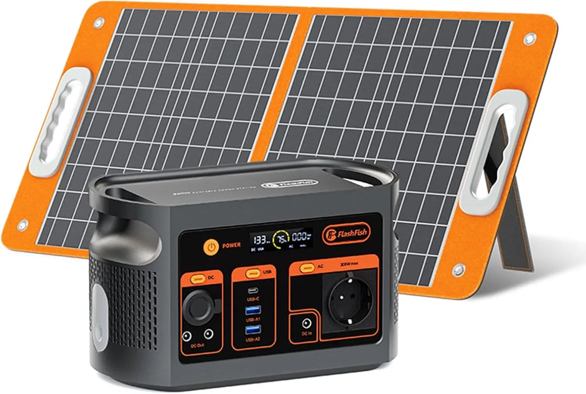 FlashFish 300W Generateur Electrique portable avec Panneau Solaire 60W – 300 W / 60 W, 179,2 Wh, gris