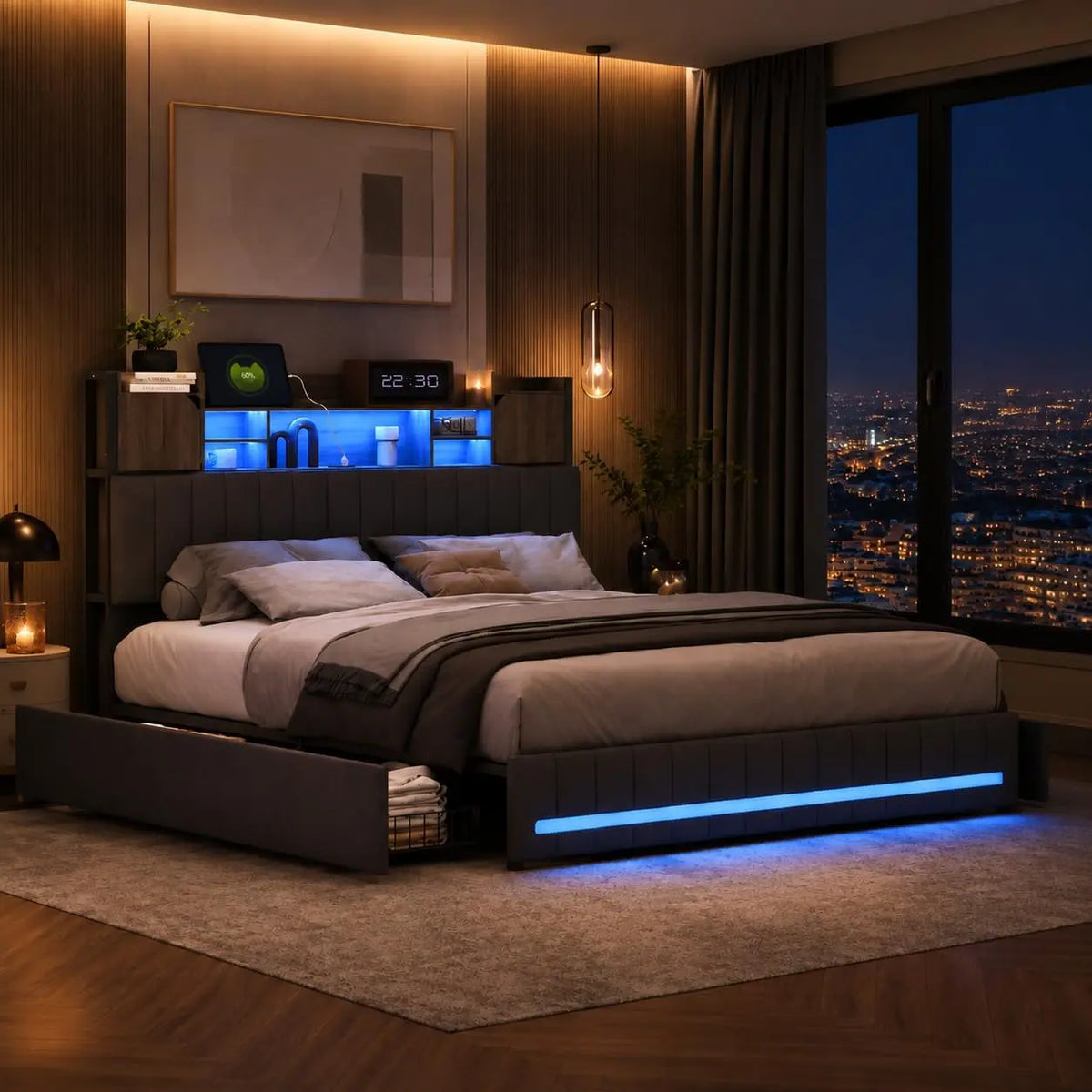 LIVLUX Lit 140x190 avec Sommier LED et USB – 140 x 190 cm, gris