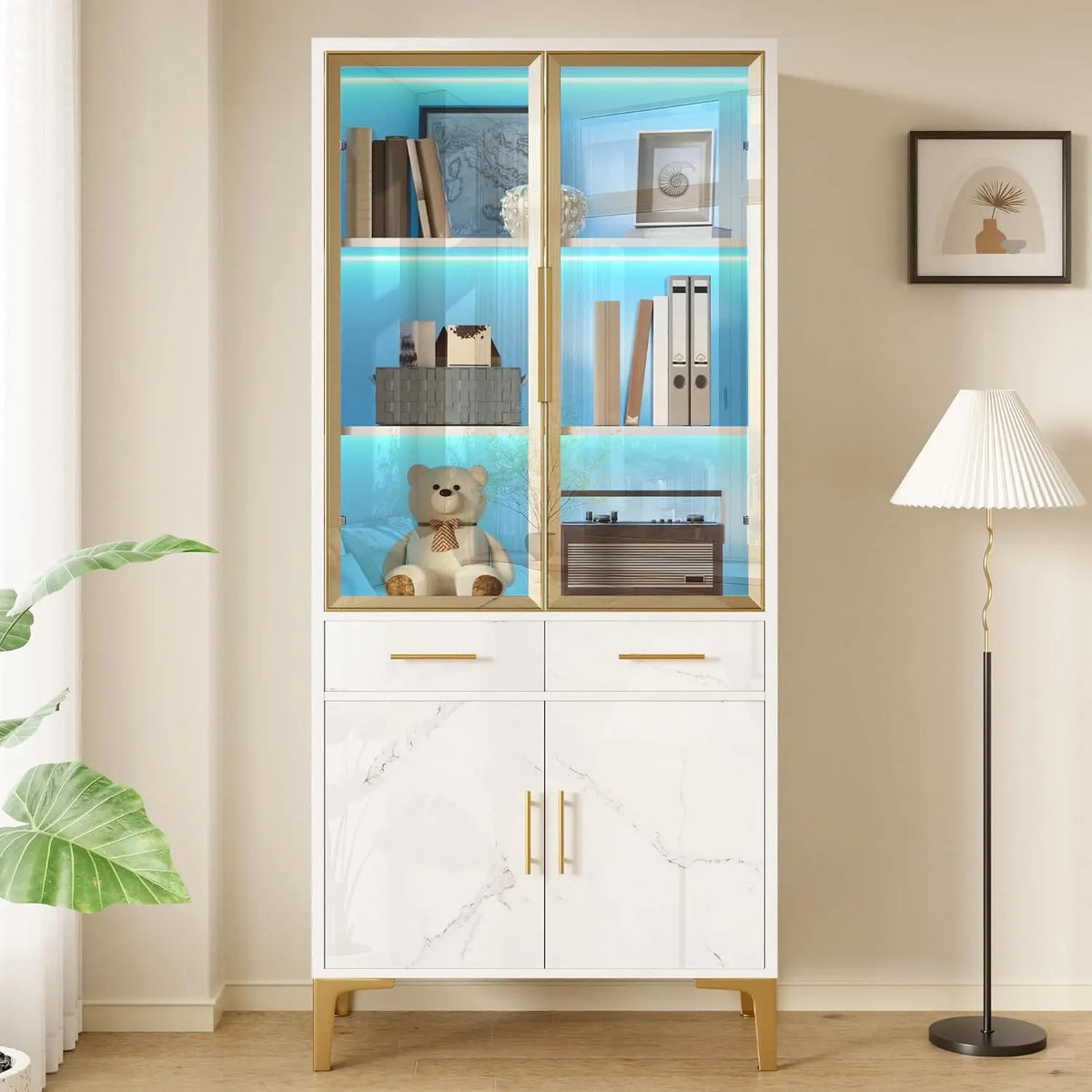 Vitrine avec Portes Vitrées et LED – 75 x38 x170 cm, blanc