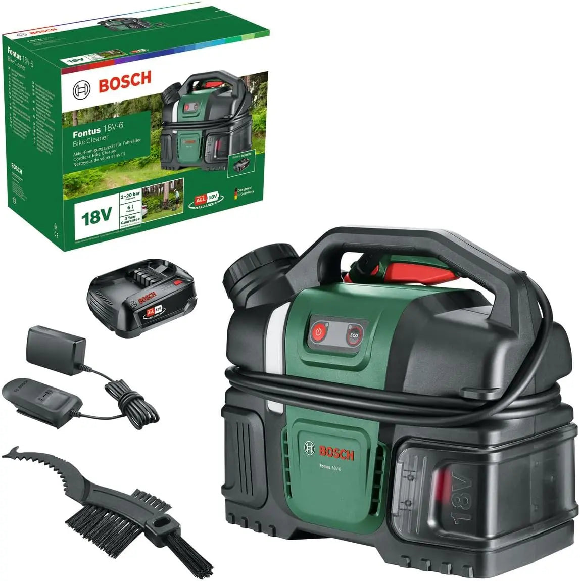 Bosch Nettoyeur haute pression portable Fontus 18V-6 pour vélo – 6 L, 2,0 Ah, gris/vert
