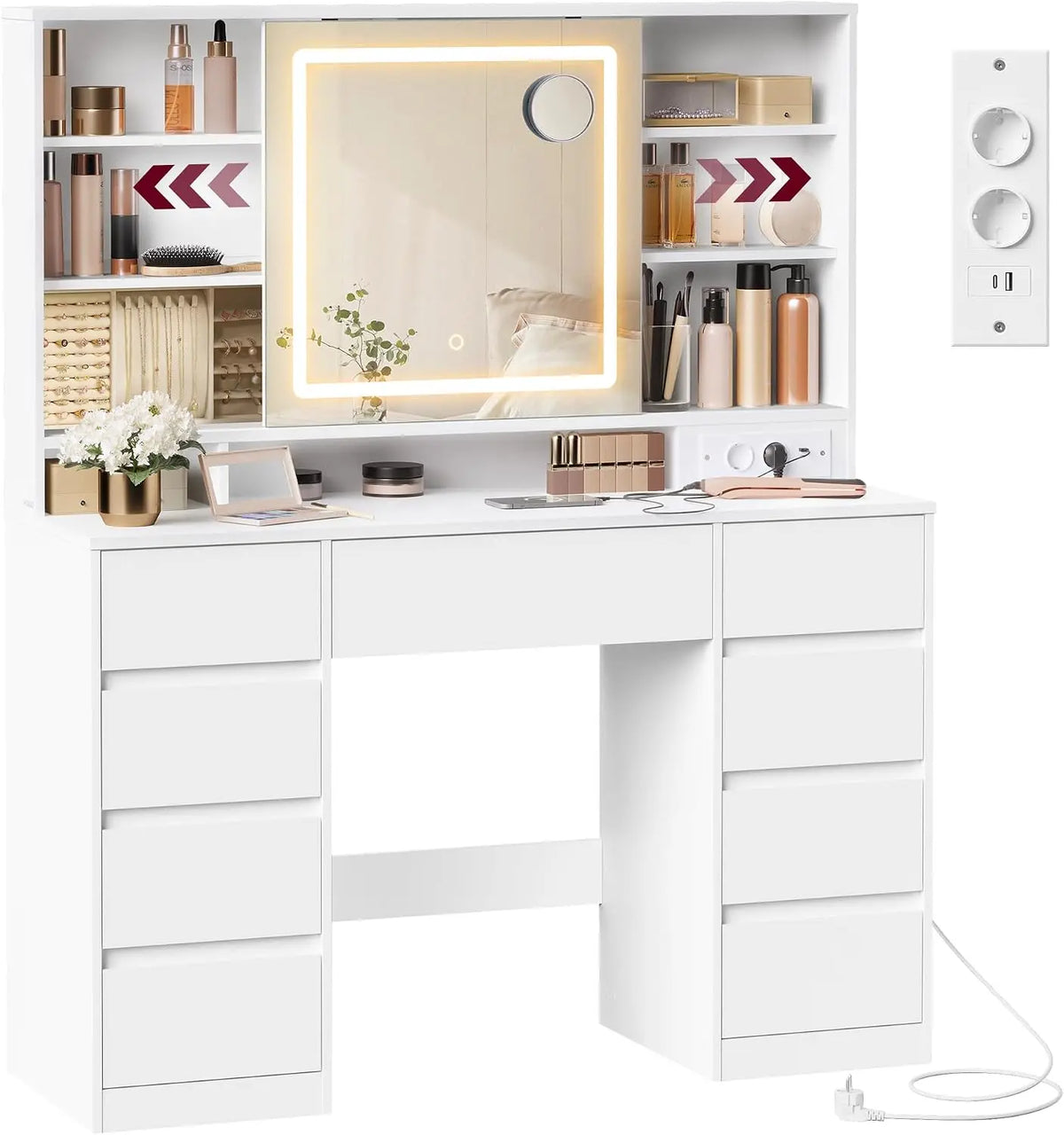 VASAGLE Coiffeuse Miroir LED – gris/beige/blanc