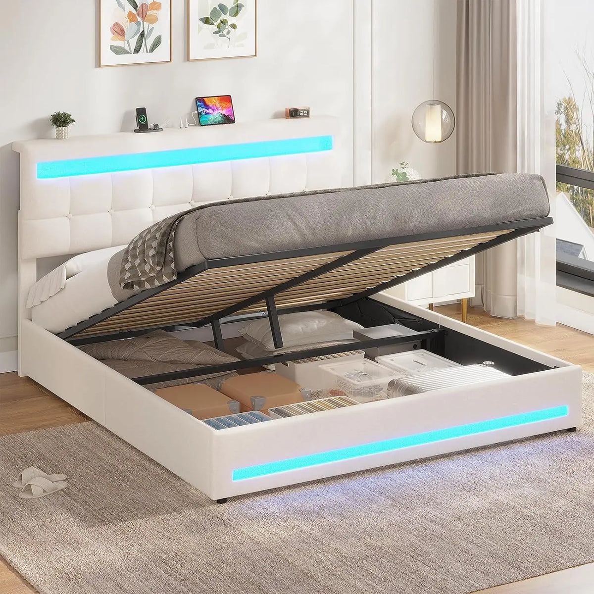 AOGLLATI Lit Coffre 160×200 cm avec LED et Ports USB – beige