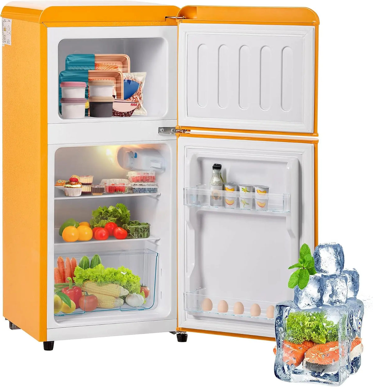 Réfrigérateur Congélateur Combiné Rétro 60L – 102 kWh, jaune