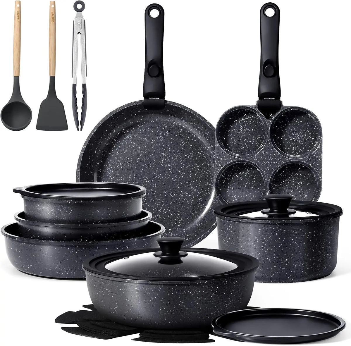 GiPP Batterie de Cuisine CéRamique AntiadhéSive et Poignee Amovible – gris/noir