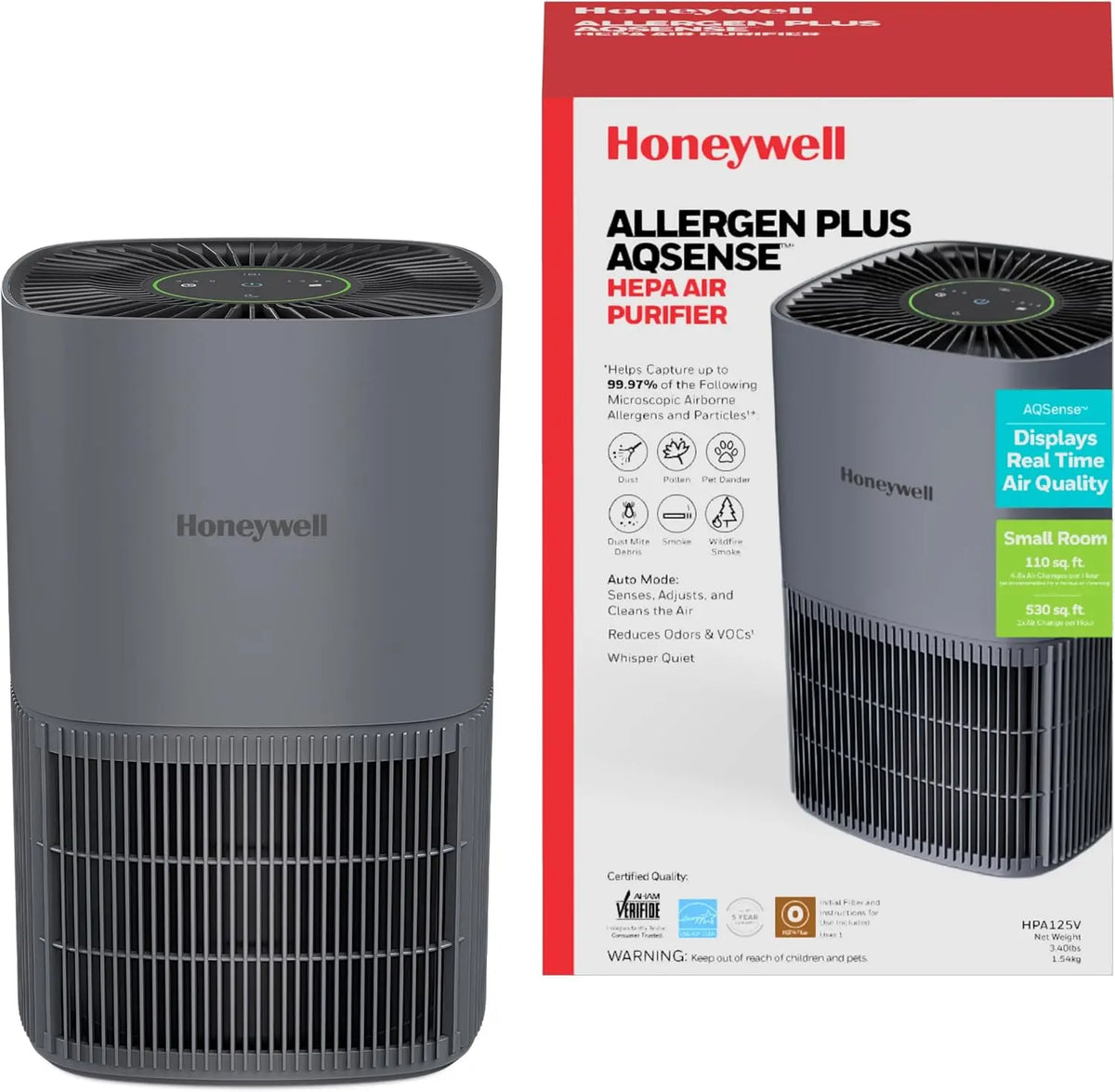 Honeywell Allergen Plus AQSense Purificateur d'air HEPA pour la maison – gris