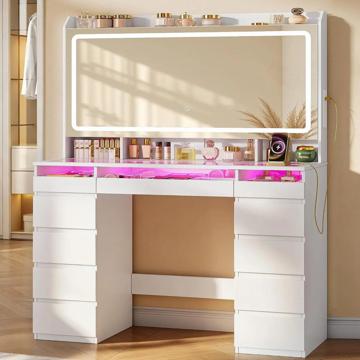 Hzuaneri Coiffeuse avec Grand Miroir HD – 40 x 108 x 144 cm, blanc