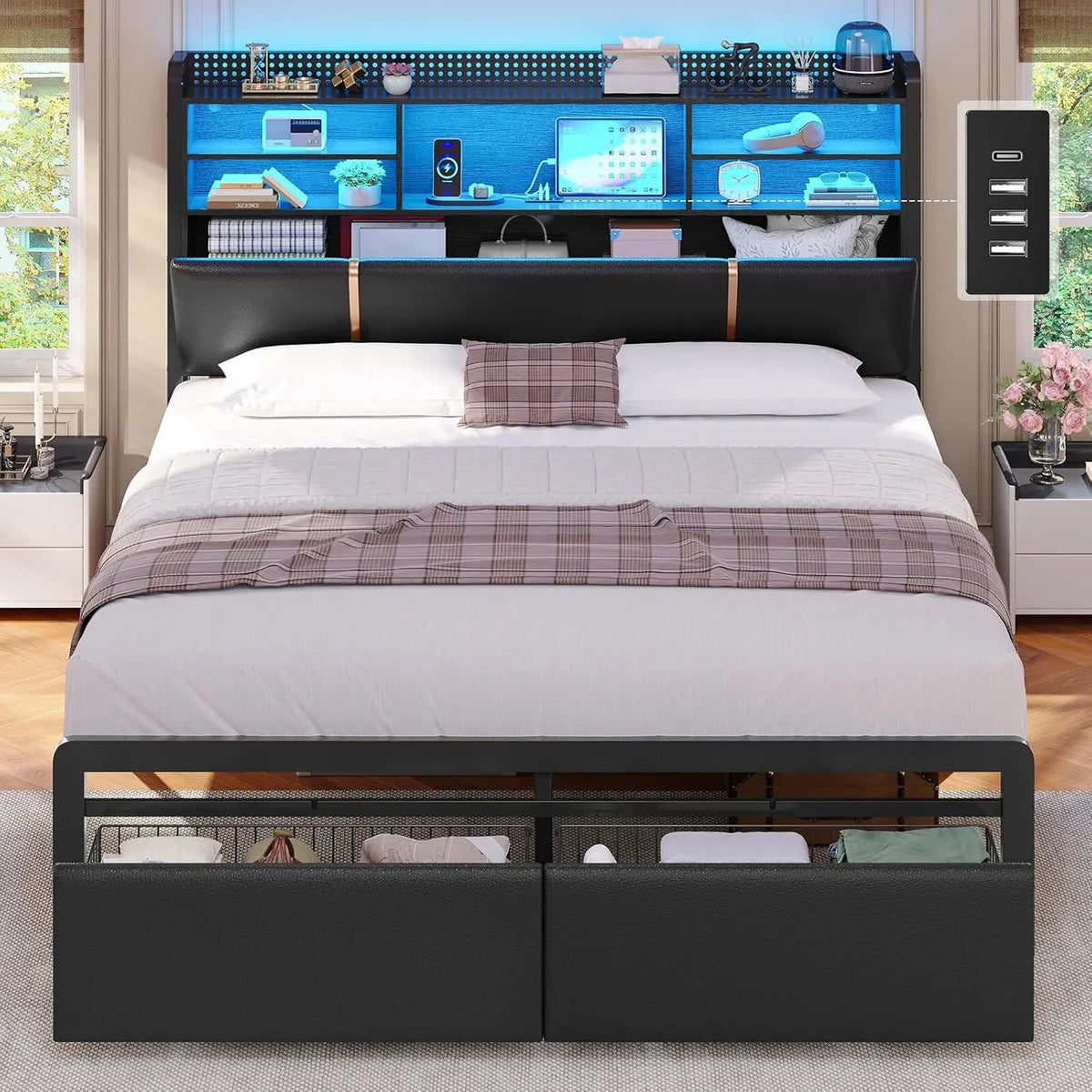 Lit 140x200 avec Multiprise et Éclairage LED – 2 places, noir