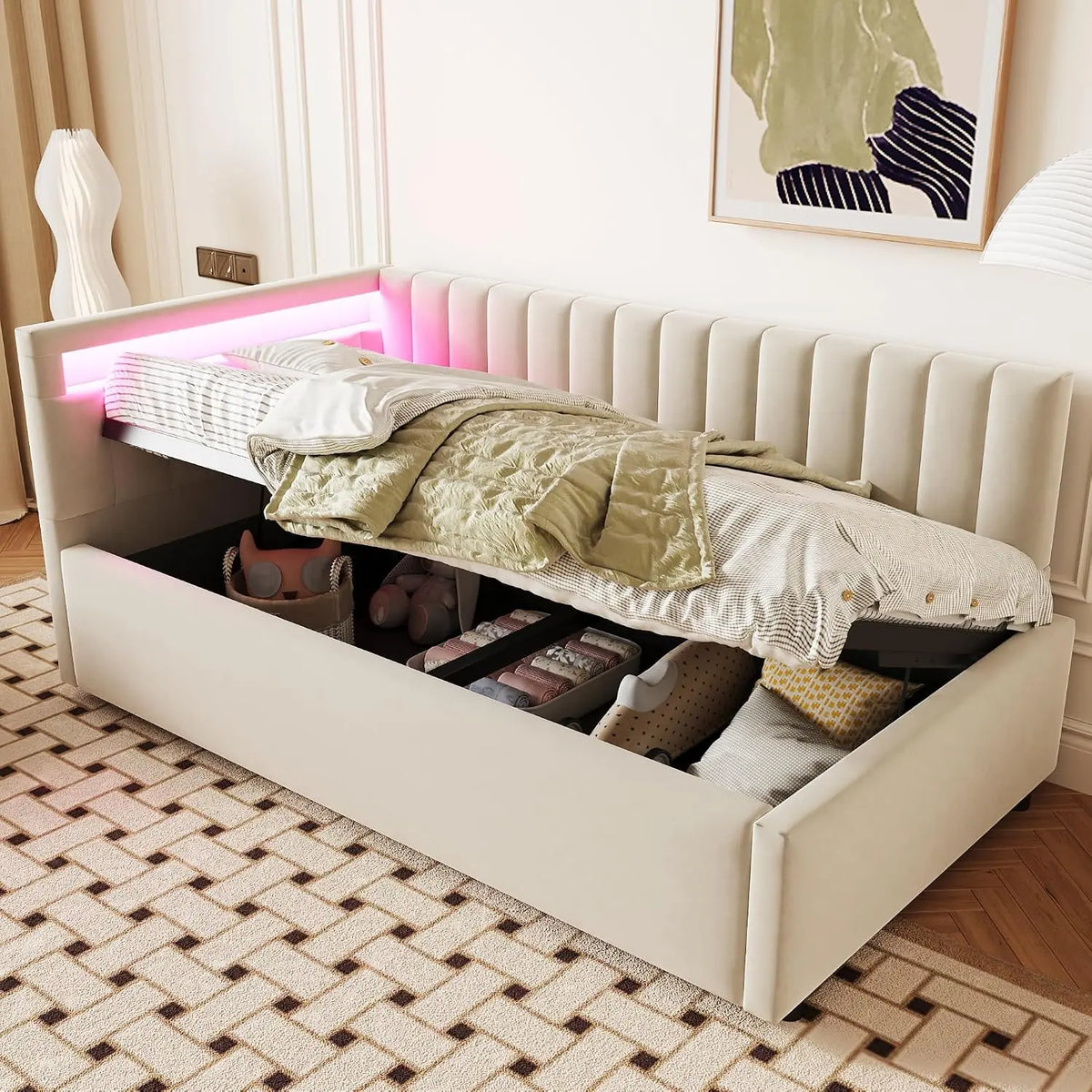 Canapé-lit capitonné – 90 x 200 cm, beige/gris