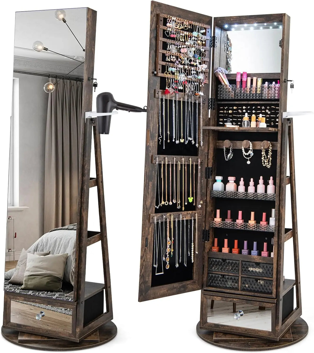 COSTWAY Armoire à Bijoux avec Miroir sur Pieds – marron