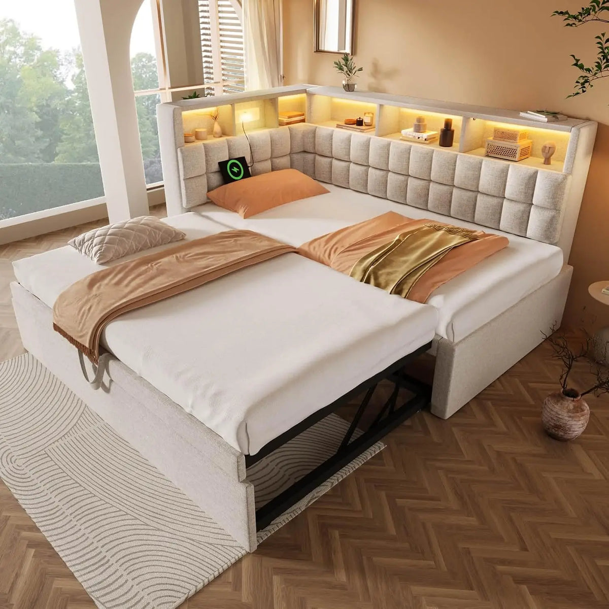 Lit rembourré 90x200 cm avec lit gigogne – beige