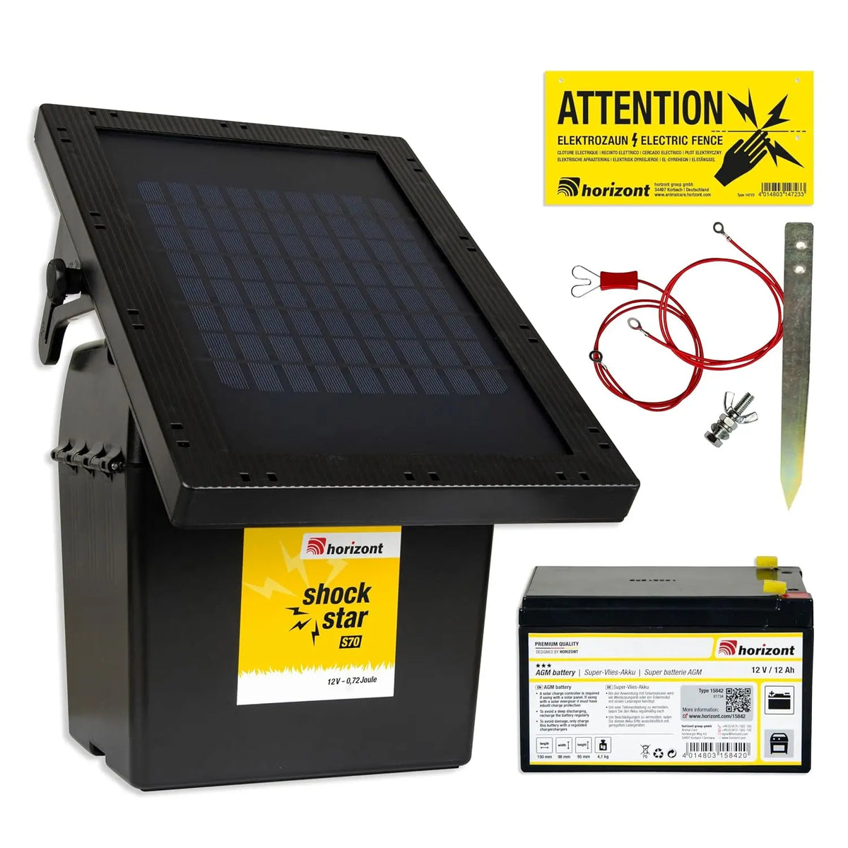 Horizont Électrificateur de clôture électrique solaire 9V/12V – 10 W, 12 Ah, noir/gris