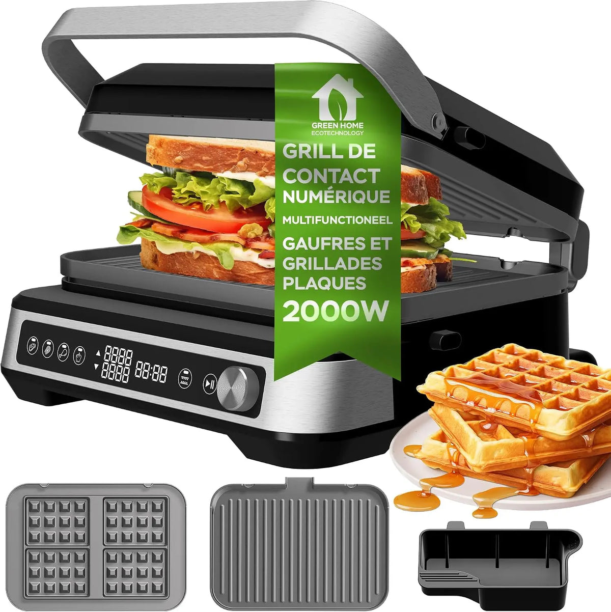 Grill de Contact 3-en-1 avec Plaques Amovibles TurboTronic CG1W – 2000 W, noir