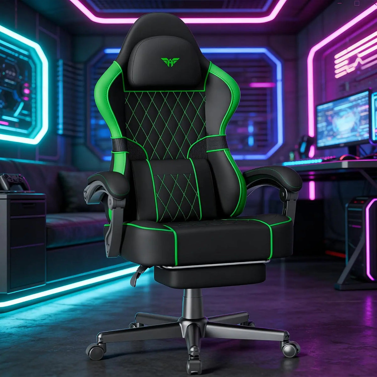 Soontrans Chaise pour le jeu Ergonomique avec Coussin Lombaire Massage – noir/vert