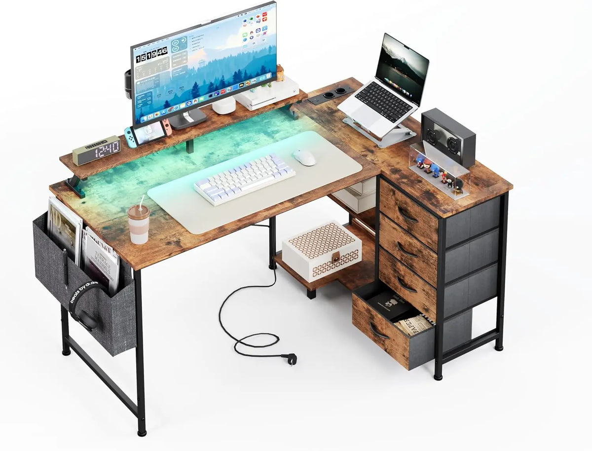 CAIYUN Bureau d'angle avec 4 tiroirs en tissu – 120 x 90 cm, gris