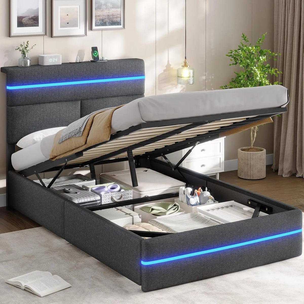 AOGLLATI Lit Coffre 90x200 avec Lumières LED – gris