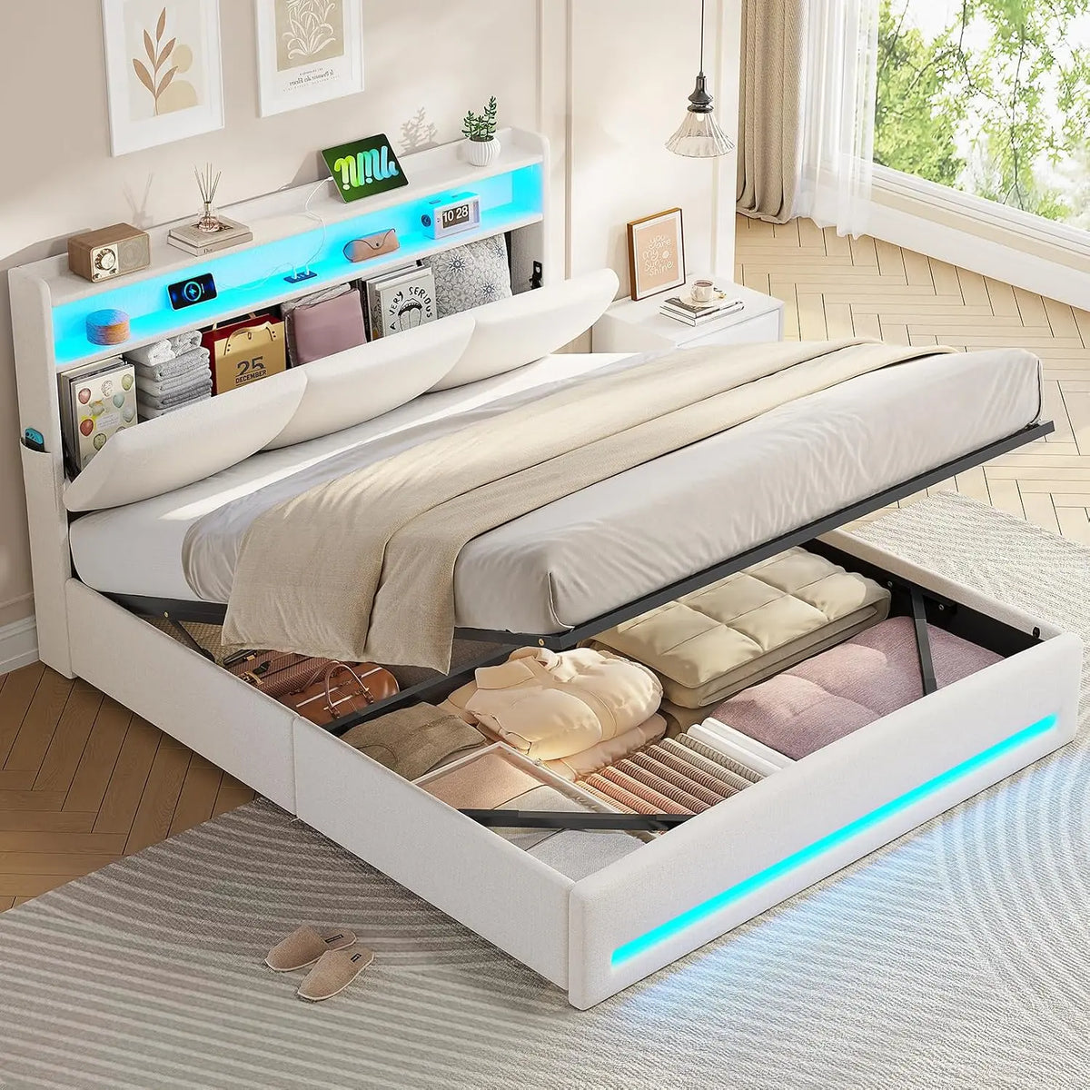 AOGLLATI Lit Coffre 140×190 avec LED et Ports USB – 2 places, beige