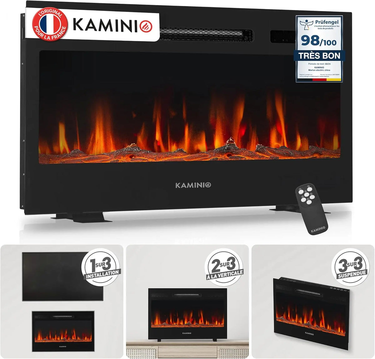 KAMINIO Marlon Pro 30 Cheminée électrique chauffante à Effet Flamme – 10 watts / 0,9 kW, noir/gris