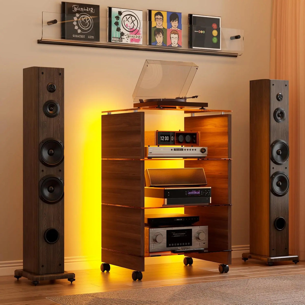 Meuble HiFi 4 Niveaux avec Éclairage LED – 55 × 45 × 85 cm, orange/beige
